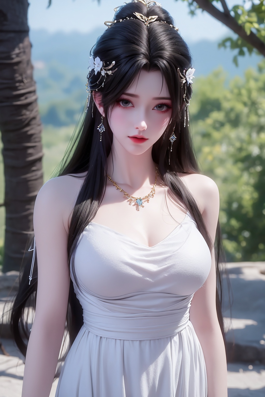 <lora:01清漪第一版:1>,1girl,dress,jewelry,hair ornament,white dress,earrings,solo,long hair,necklace,black hair,arm behind back,blurry background,bare shoulders,breasts,hair bun,looking at viewer,blurry,