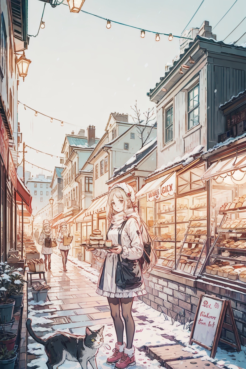 (masterpiece),(best quality),double story buildings,1girl,cat,bakery_shop,double layer baking workshop,in winter,wallpaper,adorable_girl,standing,<lora:Marker Illustration:1>,