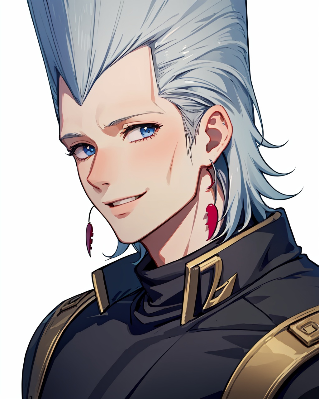 masterpiece,best quality, highly detailed, jean pierre polnareff,male focus, 1boy, earrings, solo, portrait, smile, white background,<lora:jean_pierre_polnareff:1>