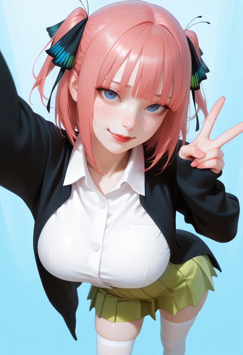 masterpiece,best_quality,(realistic:1.2),photorealistic,amazing quality,very aesthetic,absurdres,vibrant,newest,perfect body,detailled body,fair skin,pale_skin,velvet skin,curvy body,voluptuous body,skindentation,narrow waist,wide hips,full bust,curved silhouette,S-curve body,wide pelvis,slim legs,long legs,wide_shot,perfect hands,extreme aesthetic,masterful details,with a high end texture,in the style of fashion photography,Visual impact,impactful picture,offcial art,simple_background,Ombre (any color combination) background wall,cobalt_blue background,(hand close-up,from above,selfie,outstretched arm,foreshortening,reaching towards viewer,looking at viewer,looking up,contrapposto:1.2),head tilt,smug,V,1girl,young woman,solo,bright red lips,knee_blush,<lora:quintessentialquintuplets_ninonakano_illustriousXL:0.8>,n1n0def,long hair,pink hair,blunt bangs,two side up,butterfly hair ornament,hair ribbon,black ribbon,blue eyes,nail polish,large breasts,black cardigan,open cardigan,long sleeves,sleeves past wrists,white shirt,collared shirt,dress shirt,green skirt,pleated skirt,white thighhighs,short hair,