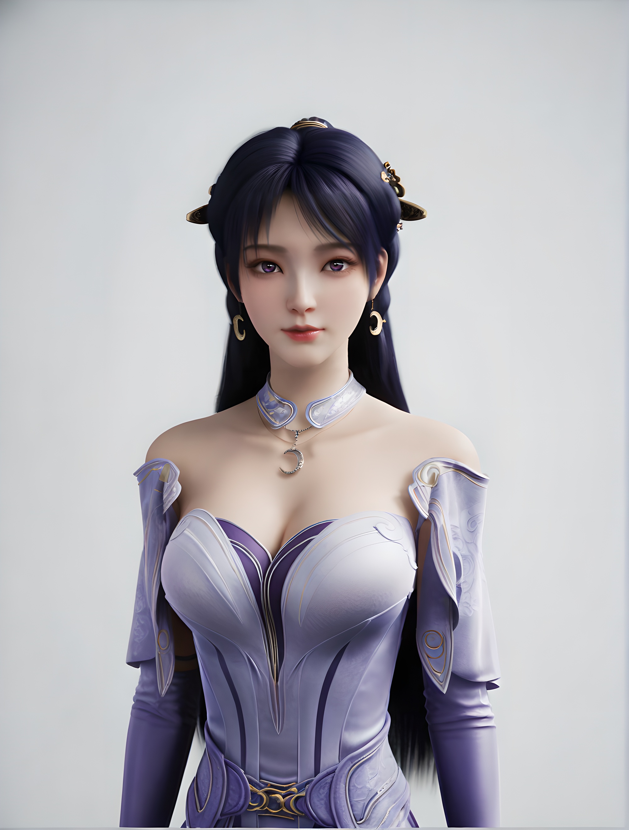 fair_skin,white_skin,Ivory_skin,score_9,<lora:SF_JiZiYue_Pony_Realism-000005:0.7>,purple dress,hair ornament,black hair,1girl,breasts,large breasts,standing,solo,looking at viewer,simple background,cowboy_shot,
