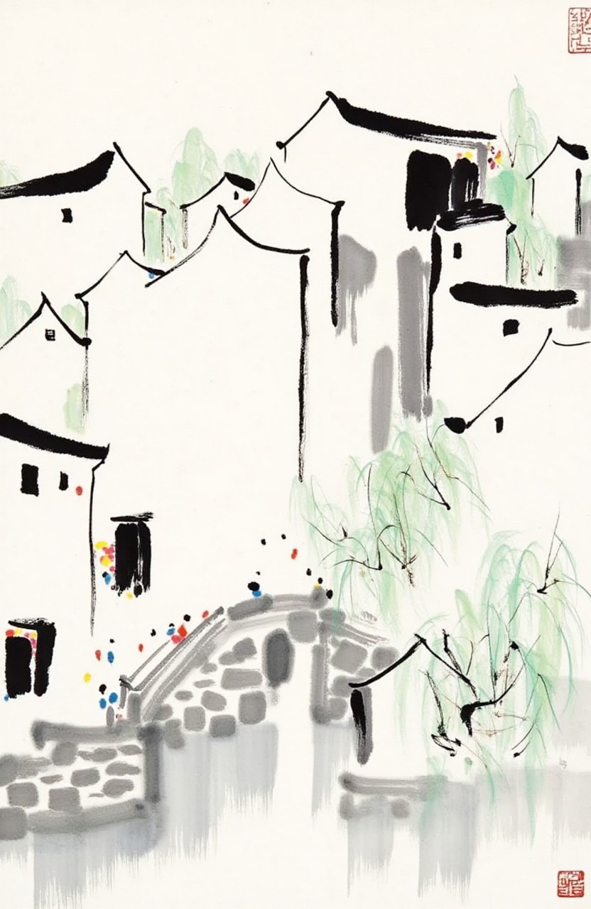 191shuimo,191shuimo,191shuimo,traditional media,outdoors,east asian architecture,building,tree,bridge,Willow tree,white background,signature,chinese text,