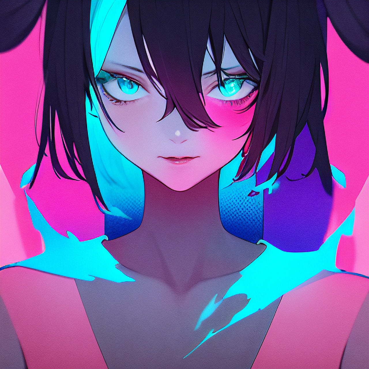 masterpiece, best quality, ultra detailed, Produce a surreal image of a person merging with a virtual world, using a neon color palette of pinks and blues