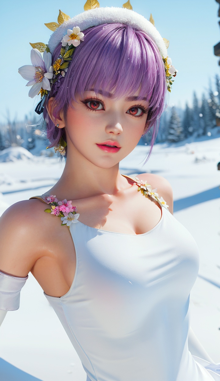 masterpiece,highres,1girl,solo,sfw,<lora:add_detail:0.3>,thighhighs,((beautiful Dress+stocking):1.25),((flower headdress:1.45)),((white theme:1.5)),snow,outdoors,snowflakes,sleeveless,3D graphics,looking_at_viewer,ayane,front view,<lora:ayane-000004:0.75>,