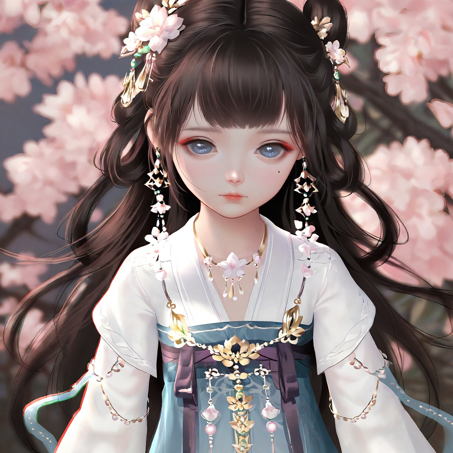 masterpiece,very aware,highres,absurdres,newest,best quality,loli,petite,high quality,chromatic_aberration,cinematic_angle,dutch angle,//,loli,1girl, hair_ornament, jewelry, upper_body, solo, flower, earrings, chinese_clothes, necklace, long_hair, branch, hair_flower, looking_at_viewer, closed_mouth, black_hair, hanfu, long_sleeves, mole_under_eye, dress, hair_bun, blue_eyes, expressionless, cherry_blossoms, brown_hair, mole, hair_rings, blunt_bangs, blue_dress//,official art,depth of field,detailed light,blurry background,best shadow,shiny skin,cinematic lighting,ray tracing,amazing quality,very aesthetic,absurdres,beast quality,ultra detailed,newest,8K,HDR,//,<lora:touxiang22——【noob】hans:1>,