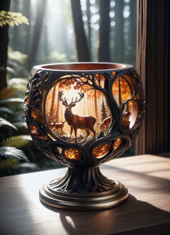 Photo of artistic stone cup with 3D carvings, little deers theme with forest background, decorated with amber accents, masterpiece of art, visually stunning, intricate details, sharp focus, 55mm f/ 1.8 lens, depth of field, natural daylight, extreme details ,8k,RAW photo,best quality,top quality,ultra high res,,masterpiece,extreme detailed,ultra-detailed,colorful,highly detailed CG illustration,an extremely delicate,(defuse lighting:0.8), (ambient lighting:0.6), (rim lighting,:0.8),best shadow,drop shadow,close shot