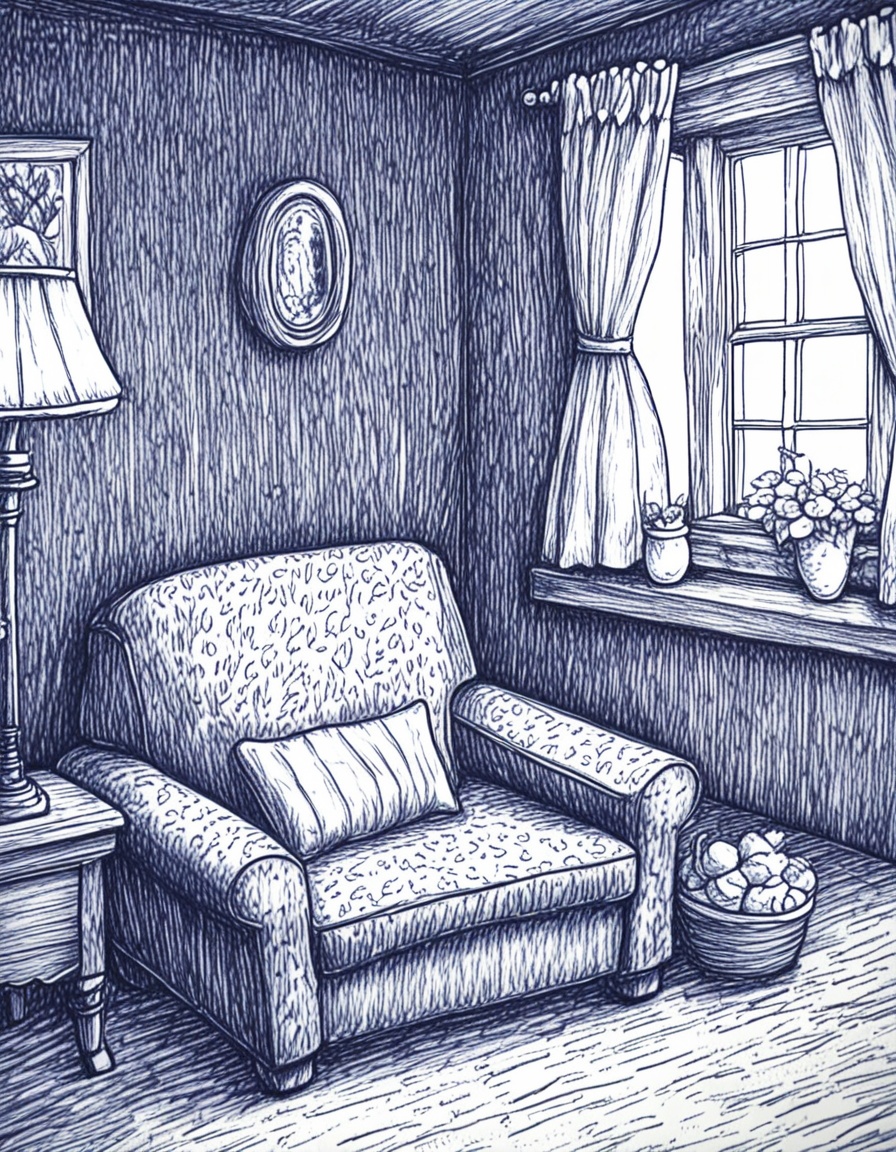 novuschroma42 style a living room ballpoint pen drawing on Tensor.Art