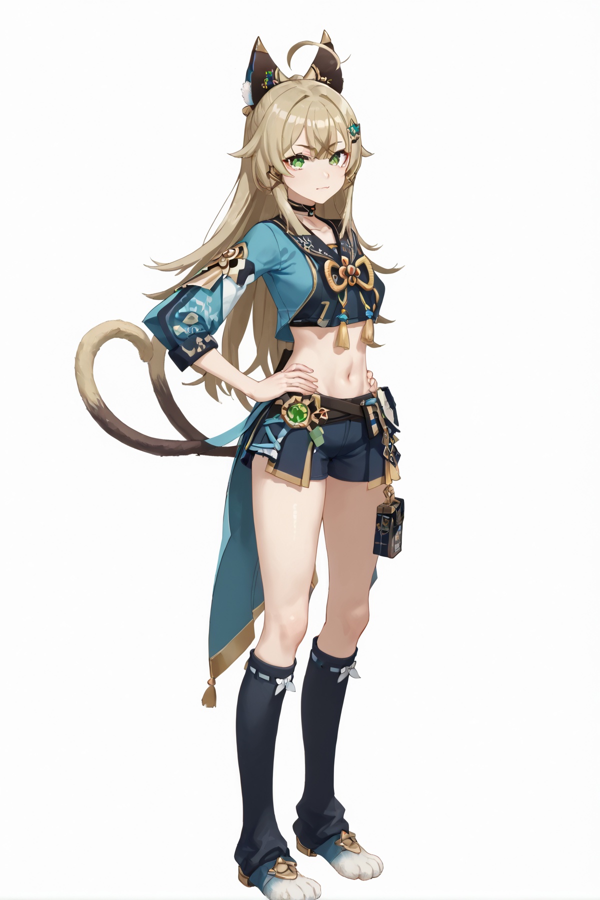 score_9, score_8_up, score_7_up, score_anime, 8k, best quality, masterpiece, (ultra-detailed), (white background,simple background:1.3), solo, hands on hip, (full body:1.1), looking at viewer, <lora:yll-pony-Tanger:0.8>, yll, def clothes, muye, nekomata girl, 1girl, green eyes, animal ears long hair, ahoge, hair ornament, navel, (2 tails, cat tails:1.2), 