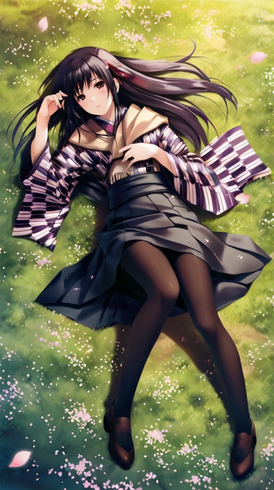 (best quality), ((masterpiece)), (highres), illustration, original, extremely detailed,   <lora:黑暗物语葬の花:0.7>1girl, solo, pantyhose, long hair, lying, japanese clothes, yagasuri, meiji schoolgirl uniform, black hair, petals, skirt, on back, hakama, hakama skirt, black pantyhose, cherry blossoms, kimono, grass, scarf