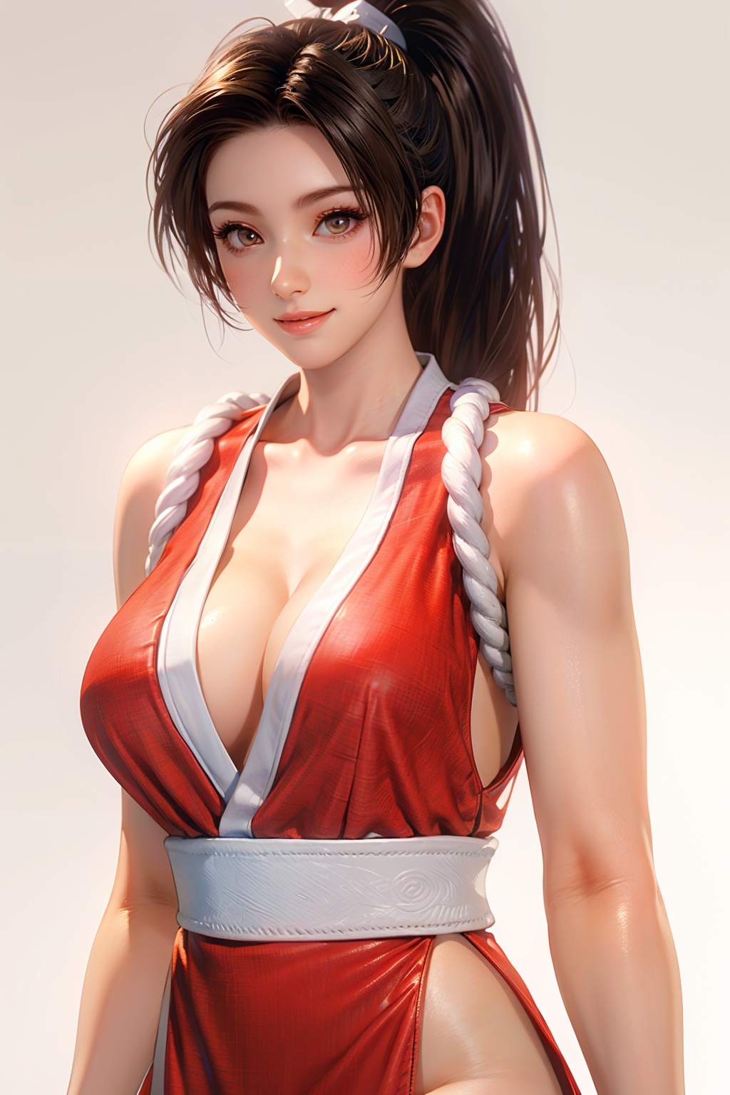 mai,1girl,solo,breasts,large breasts,cleavage,white background,simple background,smile,closed mouth,front view,cowboy shot,facing away,Best quality,masterpiece,ultra high res,realistic,photorealistic,<lora:mai12rsuit-000005:0.7>,<lora:add_detail:0.3>,