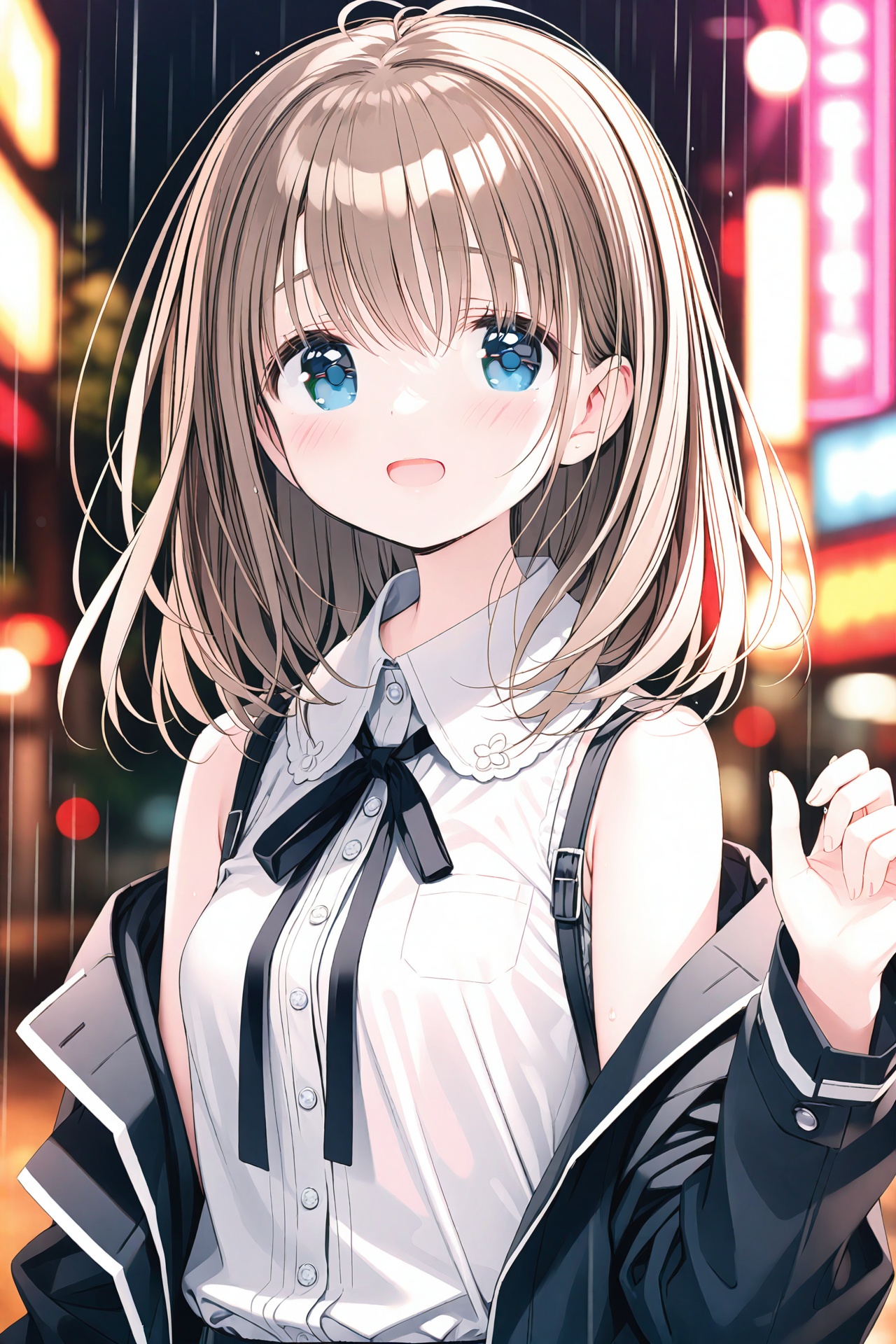 (masterpiece),(best quality),illustration,ultra detailed,hdr,Depth of field,(colorful),[Artist misumi (macaroni)],[iumu],[Artist chen bin],Artist rurudo, 1girl, solo, jacket, brown hair, off shoulder, rain, looking at viewer, black jacket, smile, sleeveless, shirt, white shirt, blue eyes, blurry, blurry background, open clothes, twitter username, bare shoulders, blush, upper body, open mouth, long sleeves, neck ribbon, open jacket, outdoors, :d, sleeveless shirt, depth of field, wet, small breasts, ribbon, breasts, hand up, neon lights, medium hair, black ribbon, hair between eyes