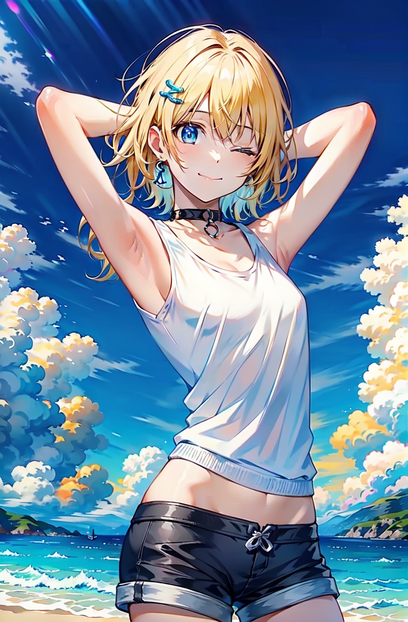 masterpiece,bset quality,high quality,highres,1girl,outdoors,solo,armpits,one eye closed,hair ornament,blonde hair,smile,arms up,looking at viewer,**** top,day,sleeveless,;\),short hair,beach,blue eyes,earrings,sunlight,cowboy shot,jewelry,ocean,choker,sky,cloud,standing,closed mouth,hairclip,collar,small breasts,shorts,