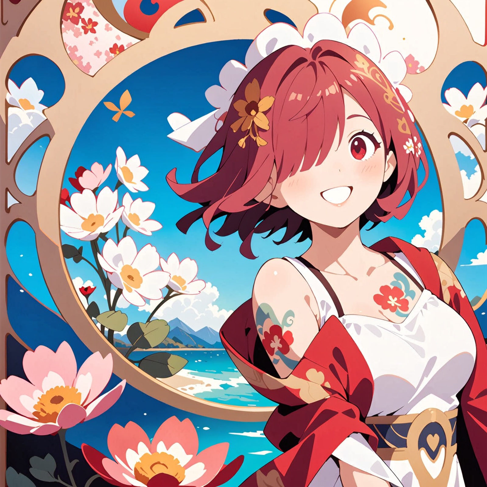 1girl,detailed background,Maximalism,masterpiece,best quality,(flower effects, water effects:1.2),(art nouveau:1.5),(zentangle:1.3),*****,(tattoo:1.4),large breasts,deep ruby red eyes,(cyclamen pink hair),messy hair,short hair,(hair over one eye:1.3),(happy:1.2),crimson red jacket off shoulder,(white dress),