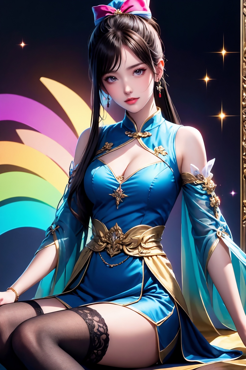 AgainRealistic_v2.0, 1girl, solo, rainbow, dress, thighhighs, ponytail, jewelry, sitting, blue dress, long hair, breasts, clothing cutout, looking at viewer, black hair, cleavage cutout, earrings, black thighhighs, detached sleeves, bare shoulders, closed mouth, hair ornament, chinese clothes, china dress, medium breasts, brown hair, cleavage, upper body, bracelet, hair bow, see-through sleeves, black background, glitter, dark background