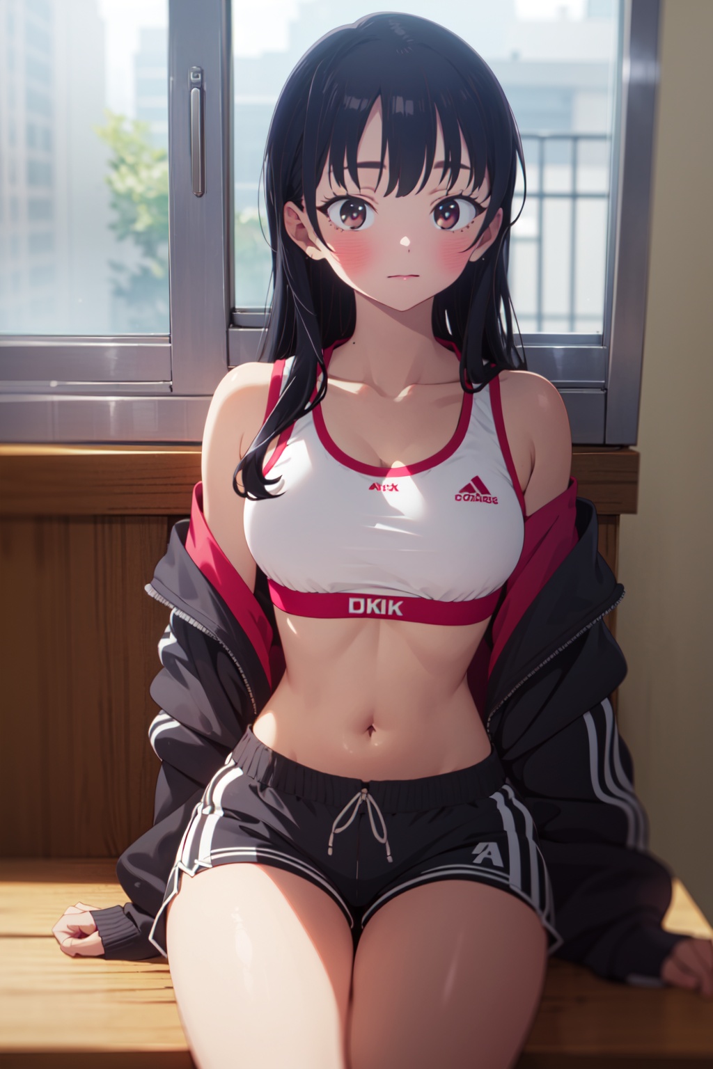 masterpiece,best quality,8k,ultra-detailed,1girl,solo,looking at viewer,<lora:lora-000007.by_tusi:0.8>,Anna_CYQL,black hair,long hair,bangs,blush,collarbone,off shoulder,jacket,open clothes,long sleeves,open jacket,sports bra,midriff,navel,shorts,short shorts,barefoot,sitting,window,indoors,cloud,day,