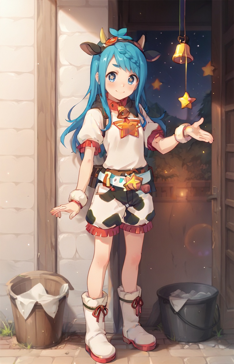 score_9,score_8_up,score_7_up,score_6_up,score_5_up,score_4_up BREAK source_anime,1girl,solo,long hair,looking at viewer,blush,smile,blue eyes,star_in_eye,blue hair,full body,short sleeves,boots,shorts,belt,bell,cow print,<lora:野户真阳pony:1>,