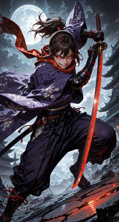 1boy,androgynous,solo,ponytail,long dark brown hair,glowing red eyes,slit pupils,evil smile expression,black and red checker patterned scarf,purple kimono,haori,hakama pants,katana,samurai fantasy battlefield,stormy sky,dynamic pose,intense lighting,detailed background,depth of field,dynamic composition,foreshortening,detailed background,dynamic pose,dynamic composition,dutch angle,detailed backgroud,foreshortening,blurry edges,, masterpiece,best quality,amazing quality,high quality, newest, highres,8K,HDR,absurdres,vibrant colors,Volumetric lighting,cinematic,<lora:iLLMythM4gicalL1nes:0.4>,m4gicall1nes,<lora:Sinozick_style:0.4>,sinozick_illu,zPDXL2,