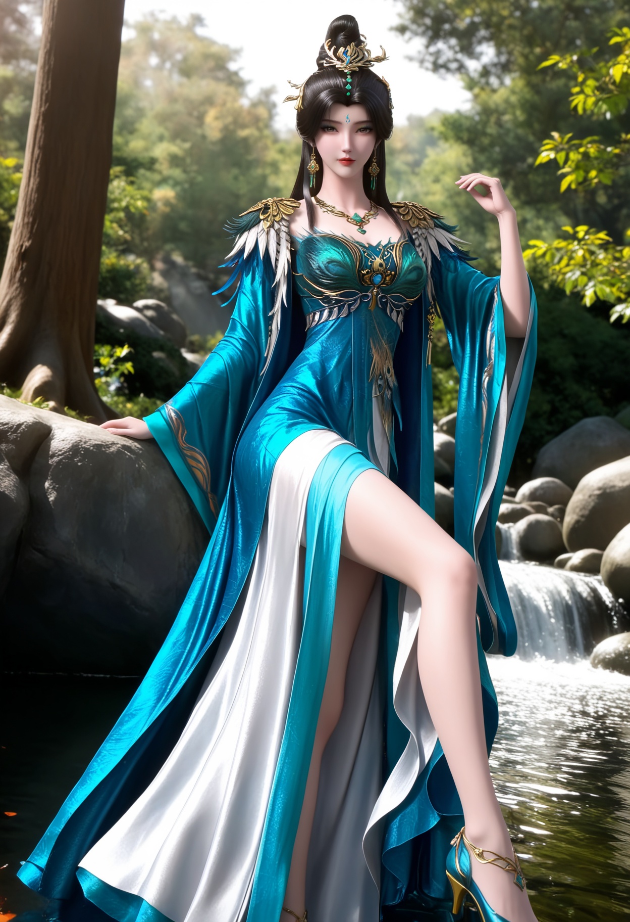 masterpiece,best quality,amazing quality,high resolution,ultra-detailed,absurdres,(looking at viewer:1.1),(moody lighting:1.1),forest,stream BREAK (large breasts:0.8),huanmei,1girl,solo,black hair,long hair,hair ornament,jewelry,earrings,forehead mark,dress,blue dress,hair bun,necklace,chinese clothes,makeup,eyeshadow,shoes BREAK photorealistic details,<lora:QQSillhuanmeiV1:0.8>,
