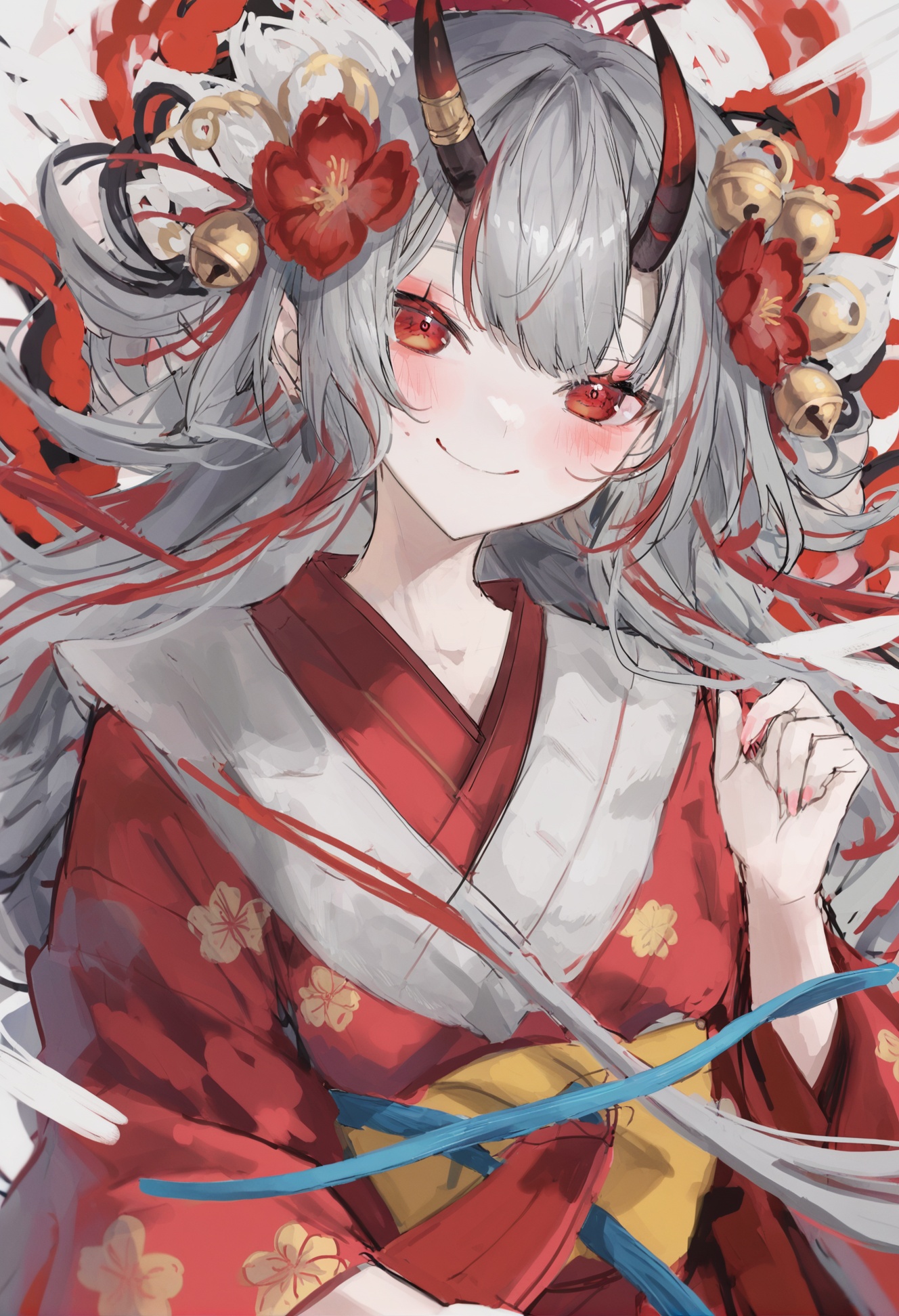 masterpiece, best quality, 1girl, solo, japanese clothes, hair ornament, long hair, horns, virtual youtuber, red eyes, multicolored hair, nakiri ayame, smile, flower, kimono, looking at viewer, hair flower, red hair, streaked hair, oni horns, bell, blush, upper body, bug, closed mouth, butterfly, floral print, bangs, white hair, long sleeves, grey hair, wide sleeves  <lora:ziyunXLlokr8f-000180:0.95>