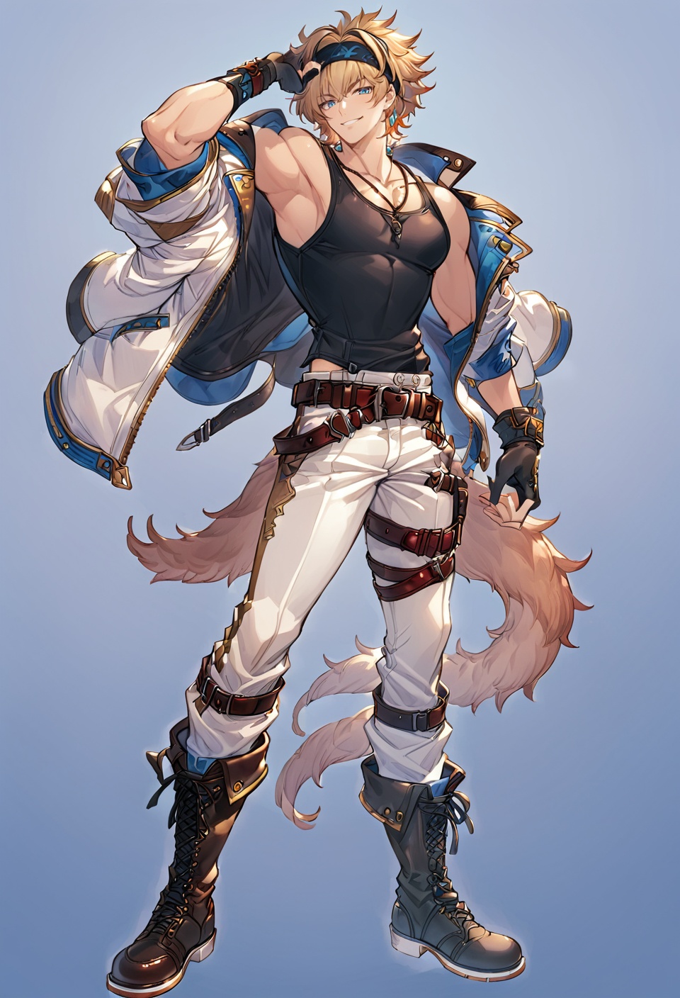 best quality,masterpiece,highres,illustration,original,extremely detailed,anime,erune,solo,<lora:碧蓝幻想:0.7>,jacket,male focus,headband,solo,pants,blonde hair,blue eyes,jacket,**** top,boots,belt,black headband,gloves,full body,white background,pectorals,smile,black **** top,jacket on shoulders,necklace,armpits,jewelry,looking at viewer,standing,toned male,simple background,tail,short hair,white pants,muscular,fingerless gloves,sidepec,brown hair,black gloves,toned,jacket removed,pectoral cleavage,