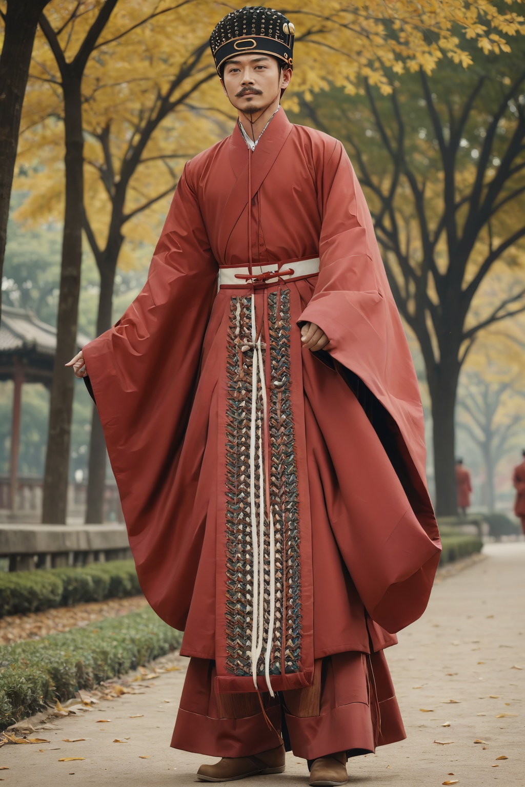 (masterpiece:1.3),(best quality:1.2),highres,sharp,photorealistic,realistic,UHD,1boy,solo,(red_pibianfu \(attire\):1),male focus,facial hair,walking in park,black hair,beard,full body,closed mouth,realistic,mustache,<lora:pibianfu3:1.2>,arms on hip,BREAK (fur-trimmed_boots:1.1),