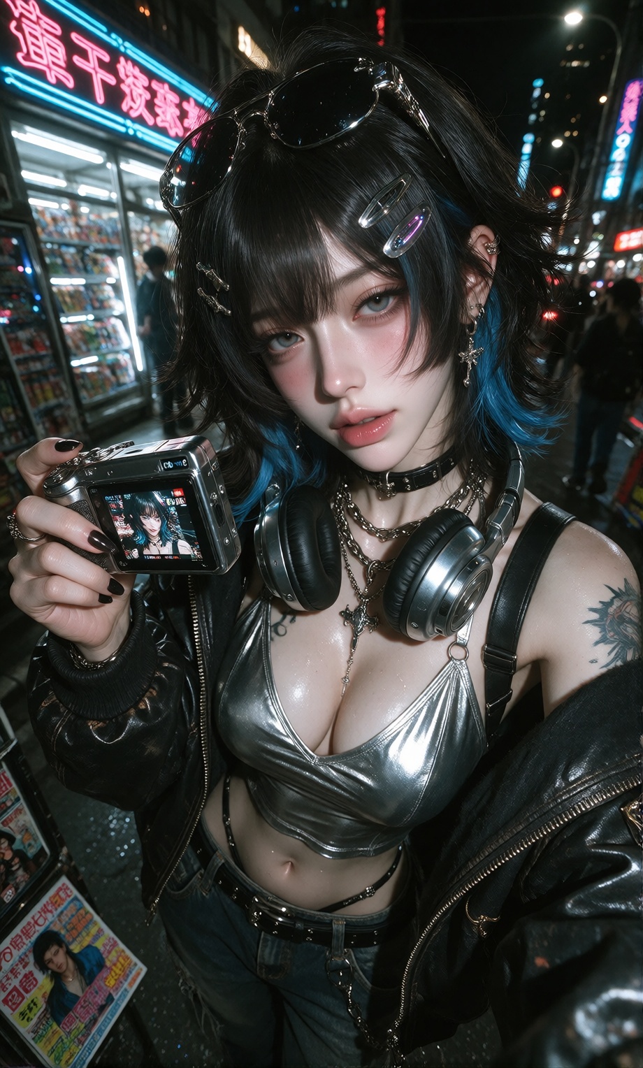beautiful ***** Y2K cyber girl,  choppy jet-black bob with electric-blue streaks,  silver barrettes on Tensor.Art