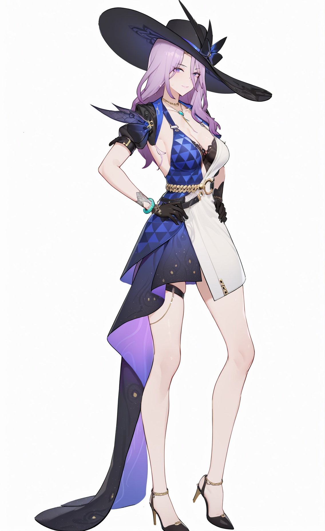 8k, best quality, masterpiece, (ultra-detailed), (high detailed skin), (white background), (full body:1.2), (white background), standing, looking at viewer, (solo), hands on hips, <lora:feicui-A3-Tanger-000013:0.8>, feicui, feicui's def clothes, 1girl, gloves, hat, black gloves, long hair, dress, purple hair, jewelry, black headwear, breasts, bracelet, single glove, tall, long legs, (beautiful_face), ((intricate_detail)), clear face, ((finely_detailed)), fine_fabric_emphasis, ((glossy)), full_shot, 