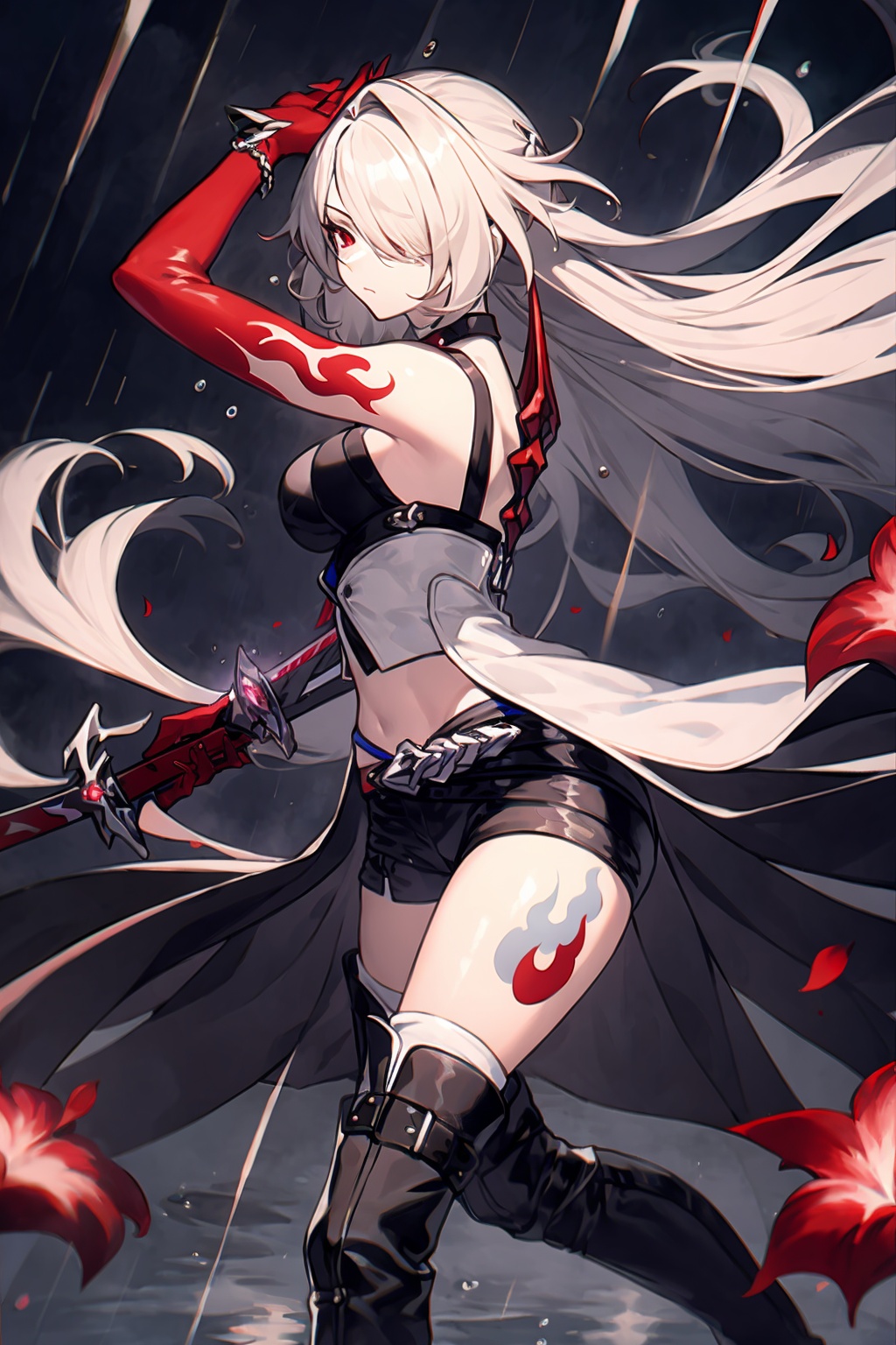 masterpiece, best quality, <lora:yomi:1>,1girl, solo, red eyes, breasts, long hair, rain, boots, looking at viewer, gloves, weapon, shorts, black footwear, bangs, hair over one eye, holding, grey hair, holding weapon, ponytail, sideboob, tattoo, bare shoulders, black shorts, medium breasts, closed mouth, red gloves, elbow gloves, white hair, thighhighs, water drop, very long hair, short shorts, water, floating hair, sword, thighs, backless outfit, black gloves, petals, knee boots, holding sword, thigh boots, artist name, belt, back