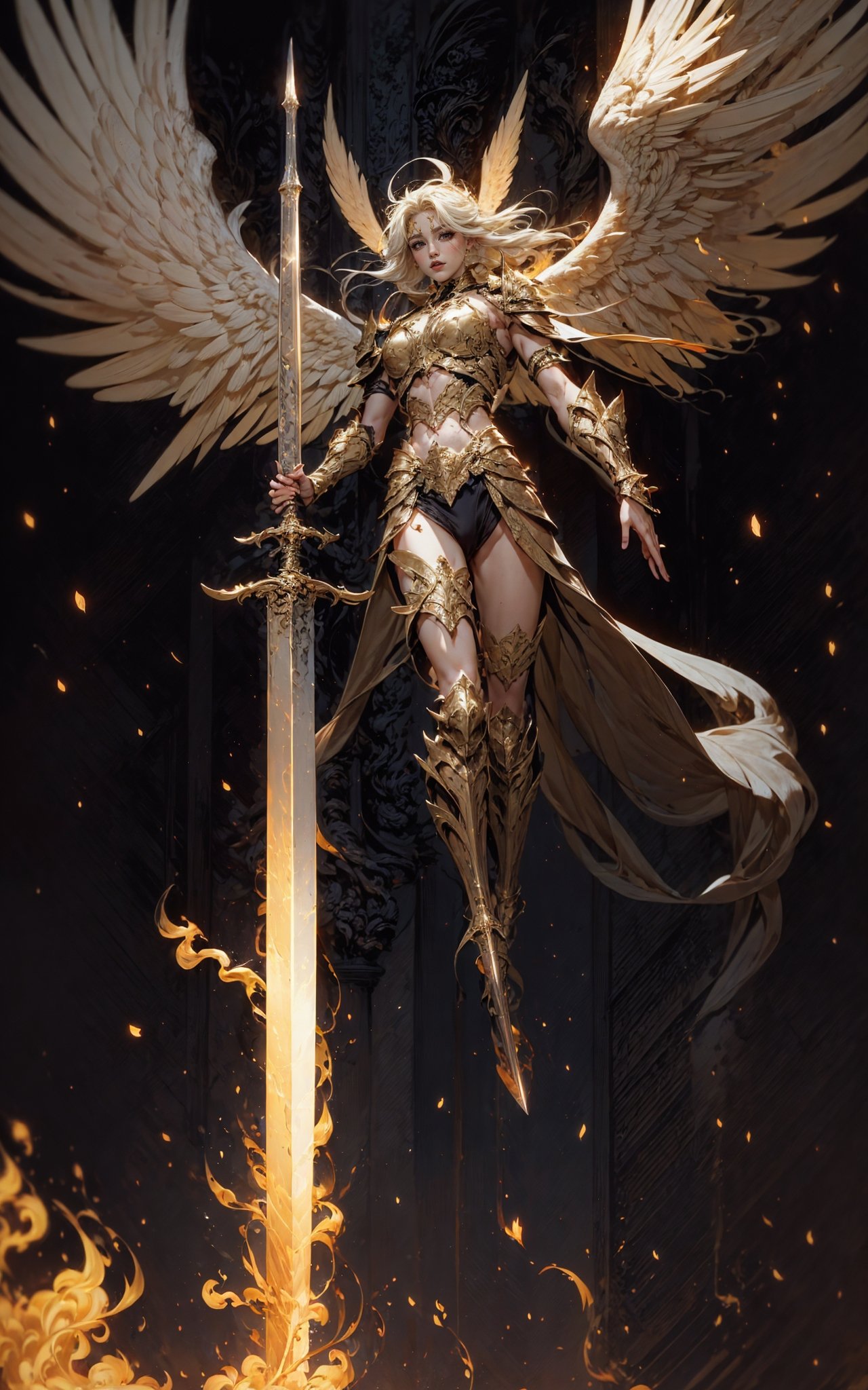 angel,  Super powerful flame angel flies out of the clouds,  behind him is golden meteor magic surrounding his body on Ten...