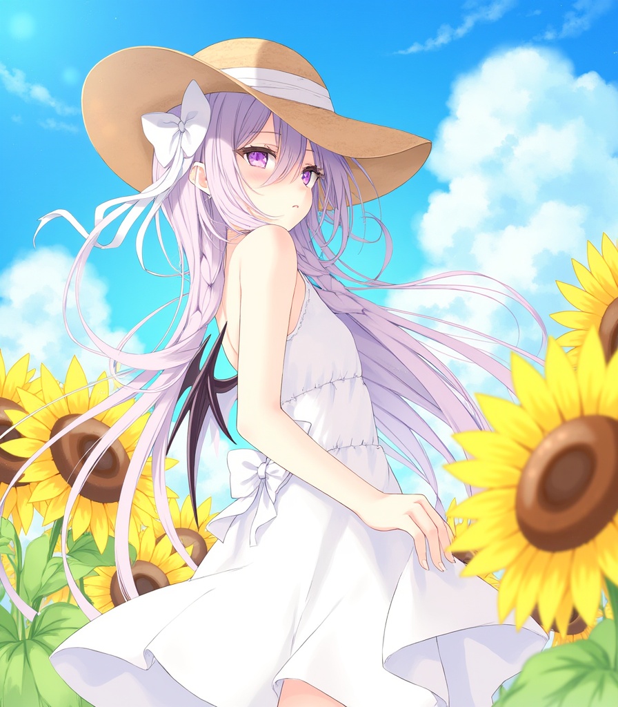 1girl,sunflower,flower,solo,dress,hat,long hair,outdoors,wings,day,purple eyes,white dress,looking at viewer,bare shoulders,sky,cloud,straw hat,ribbon,hat flower,blush,braid,very long hair,hair between eyes,blue sky,yellow flower,closed mouth,sun hat,demon wings,standing,hair ribbon,petals,bow,brown headwear,from side,looking to the side,white ribbon,hands up, <lora:rurudo_lora_v2_trigger_word_rurudo:1>