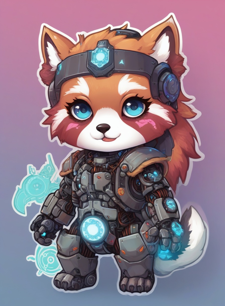 cyberpunk viking red panda with robotic parts,  epic background,  glowing runes on Tensor.Art