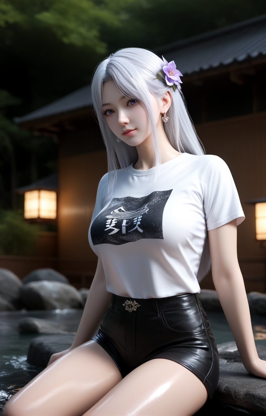 score_9,score_8_up,score_7_up,source_anime,eye reflection,(beautiful_detailed_eyes:1.2),highly detailed,volumetric,dramatic lighting,oil,(shiny_skin:1.2),ultra detailed 8k cg,ultra detailed background,(full_shot:1.3),rating_explicit,3D,(realistic:1.5),perfect face,detailed face,sexy pose,supermodel,overall warm color,dol,innocence,mysterious,surreal,highly detailed,concept art,extremely detailed,amazing quality,ultra-high resolution,32K UHD,<lora:0653 Open-air hot spring_pony:0.8>,ruanyi0653,japanese tangchi,onsen,fence,rock,water,sharp focus,best-quality,with a high-end texture,golden hour,unconventional supreme masterpiece,masterful details,temperate atmosphere,high detailed  skin,(detailed skin:1.1),highly detailed,nice hands,Skindentation,skin depression,<lora:Add_more_details_V2_XLpony:0.6>,dramatic lighting,detailed face,purple_dress,<lora:qingxuan_xiaoyixian_PONY:0.7>,1girl,(light:1.4),solo,long hair,jewelry,white hair,flower,earrings,huge breasts,day,tulle,voile,sitting,(short sleeve T-shirts:1.4),(shorts:1.3),