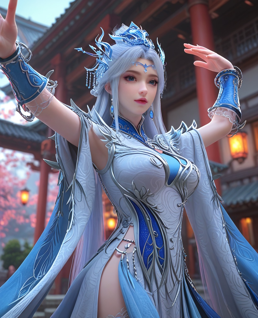 (oriental architecture, elegant decor, sophisticated style:1.1),(Standing with arms outstretched, embracing the sky,:1.1),(breasts:1.2),<lora:XL百炼成神宁雨蝶大奶宗主:0.95>,miss ningyudie,white dress,blue eyes,eyelashes,mole under right eye,white hair,long hair,hair ornament,sidelocks,earrings,bracer,shawl sleeves,pelvic curtain,lace stockings,, zPDXL2, score_9, score_8_up, score_7_up BREAK realistic, masterpiece,best quality, highly detailed,, zPDXL3, zPDXL2,zPDXL, zPDXLxxx, zPDXLrl,