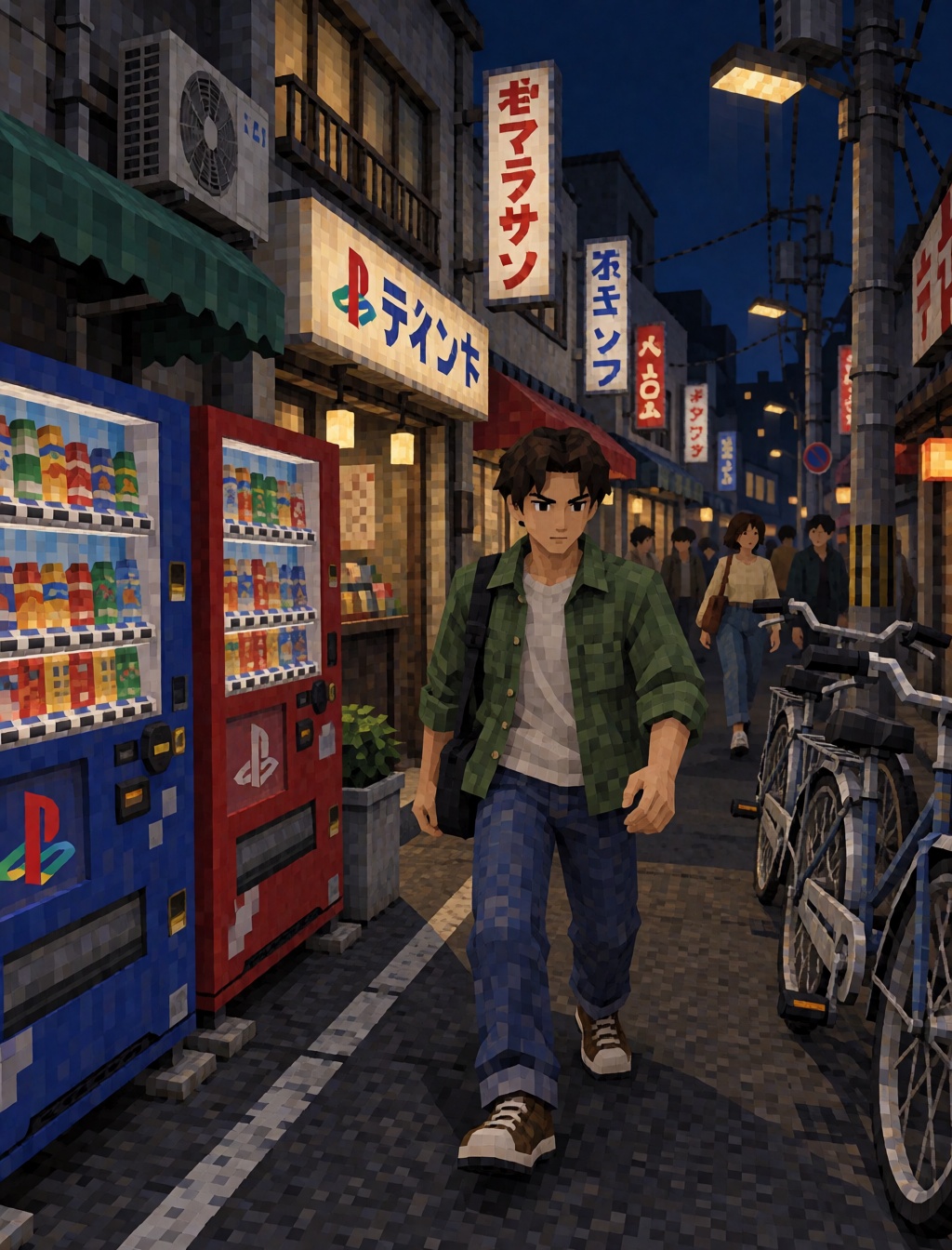A young man walking through a narrow Japanese street at night,  vending machines,  parked bicycles on Tensor.Art