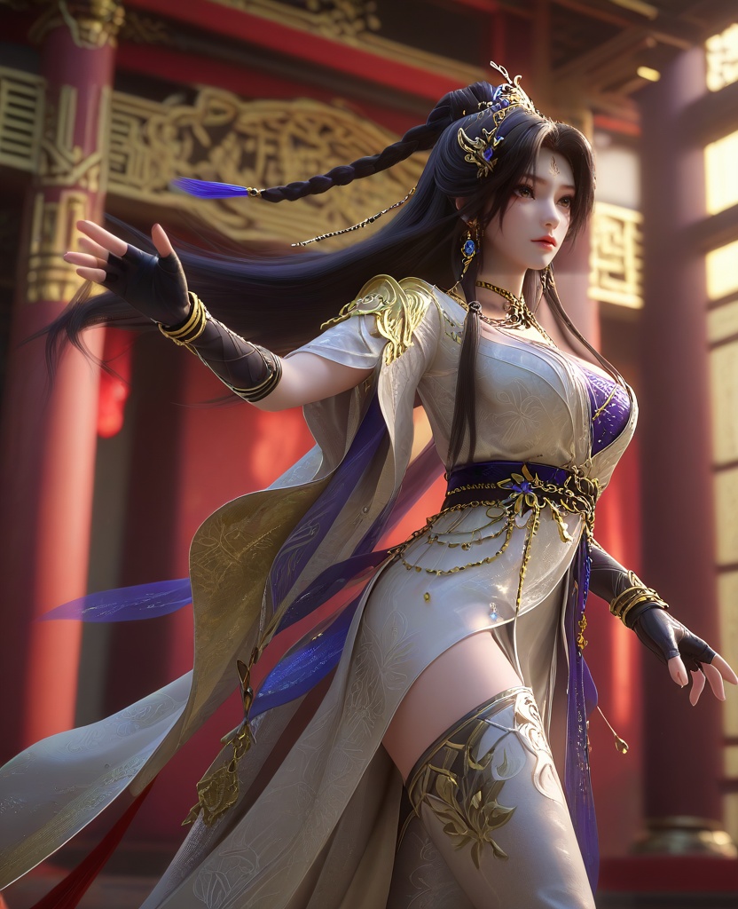 (oriental architecture, elegant decor, sophisticated style:1.1),(Legs up, arms extended,:1.1),(Long shot:1.1),(large breasts:1.2),<lora:XL16云深不知梦羲和缉魔司:0.95>,missxihe,white dress with tulle skirt,brown eyes,forehead mark,black hair,very long hair,half-up braid with long cascading hair,hair ornament,jewelry,earrings,black fingerless gloves,white thigh boots,wide flowing sleeves,blue violet bandeau,sash,, score_9,score_8_up,score_7_up,score_6_up,score_5_up,score_4_up,3d rendering,tag1,tag2, Cinematic Lighting,backlighting,