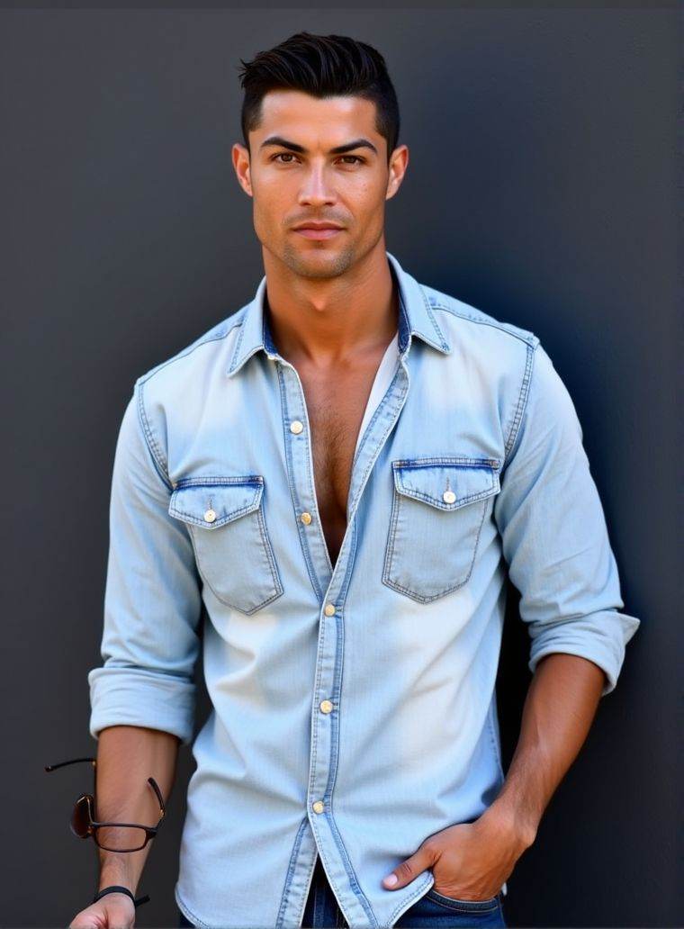 Cristiano Ronaldo ,  stands confidently in front of a dark gray wall. He wears a light denim shirt,  unbuttoned at the top...