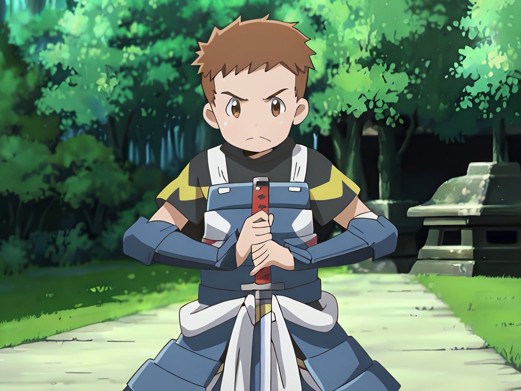 <lora:LH_Tohya_XL:1>,Tohya,best quality,best detail,masterpiece,outdoors,nature,male focus,solo,1boy,(child:1.2),very short hair,brown hair,brown eyes,(vertical pupil:1.7),battle posture,holding sword,a serious expression,japanese armor,leg armor,(5fingers,perfect hands:1.6),correct anatomy,available light,