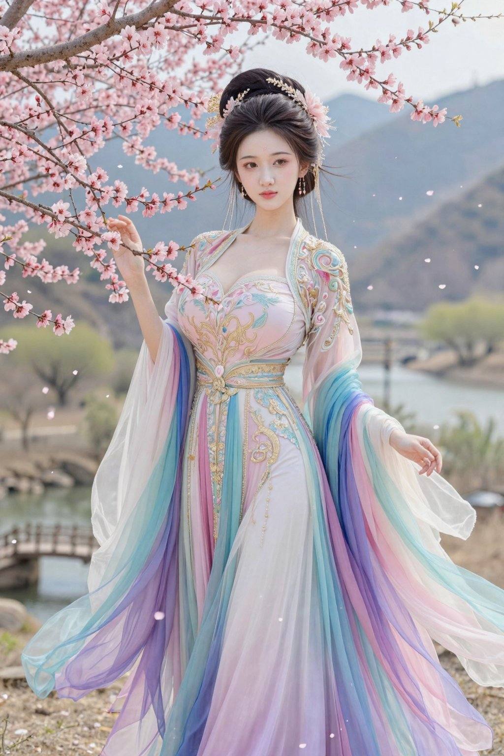 这是一张照片，照片中的中国古代女性肤色白皙，站在桃花树下，大量飄逸的花瓣。她身着一件紧身粉彩色调的刺绣汉服，粉色、蓝色、绿色、紫色、金色、白色、六色渐变。她神情宁静，目光温柔地望着镜头。粉色的桃花枝条点缀着画面左侧，更添一份精致的传统美感。背景中远处高山河流，近处小桥流水，自然光线柔和地洒落在画面上。