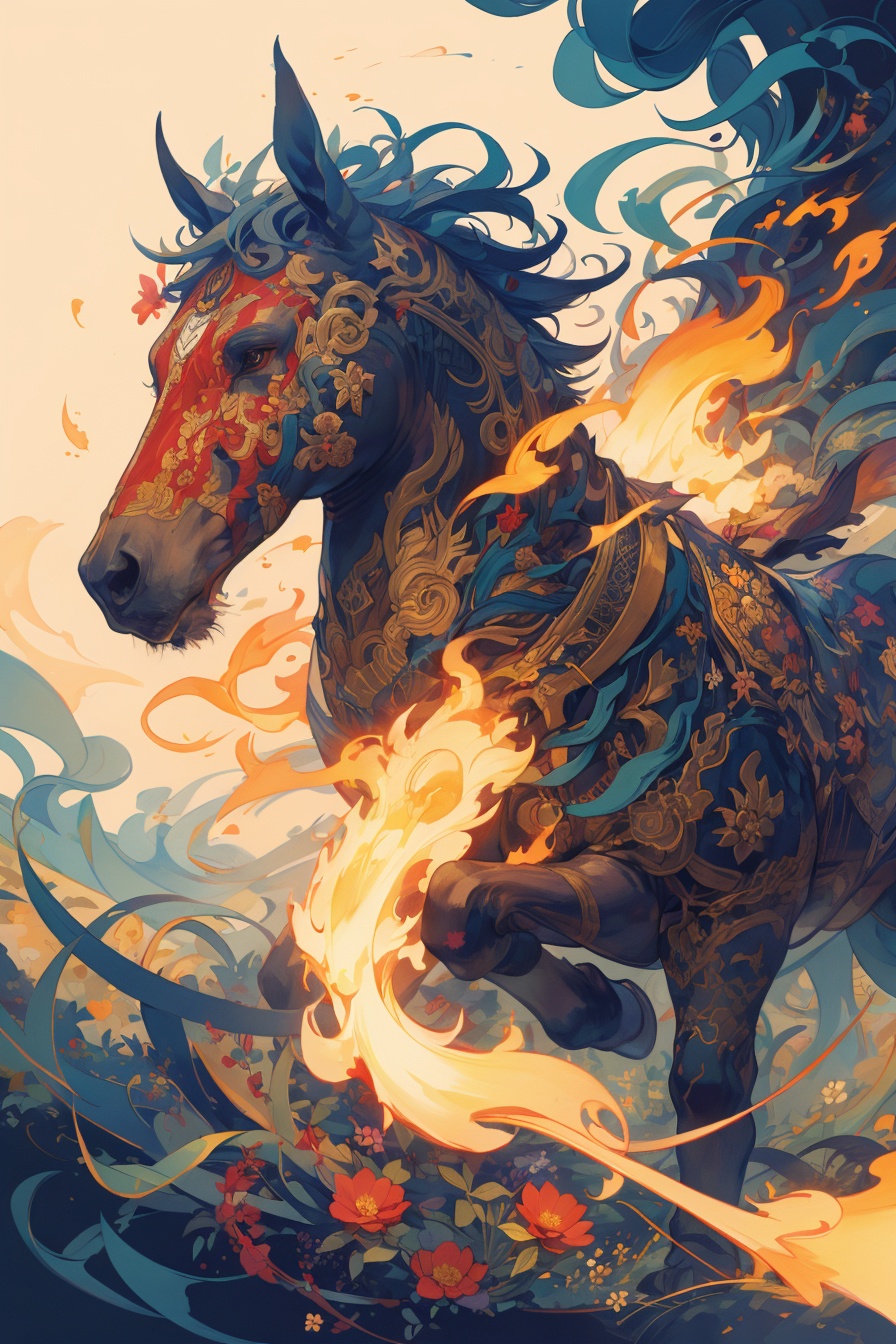 masterpiece,best quality,(horse:1.1),<lora:wallpaper_20240229120023:0.6>,fire,smoke,no human,no humans,flower,