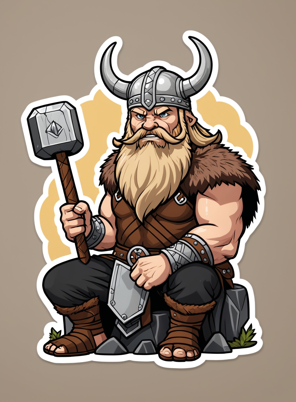 (Closeup an angry viking holding Mjolnir sitting near Yggdrasil epic pose epic light glowing runes),  Sticker,  Cute stick...