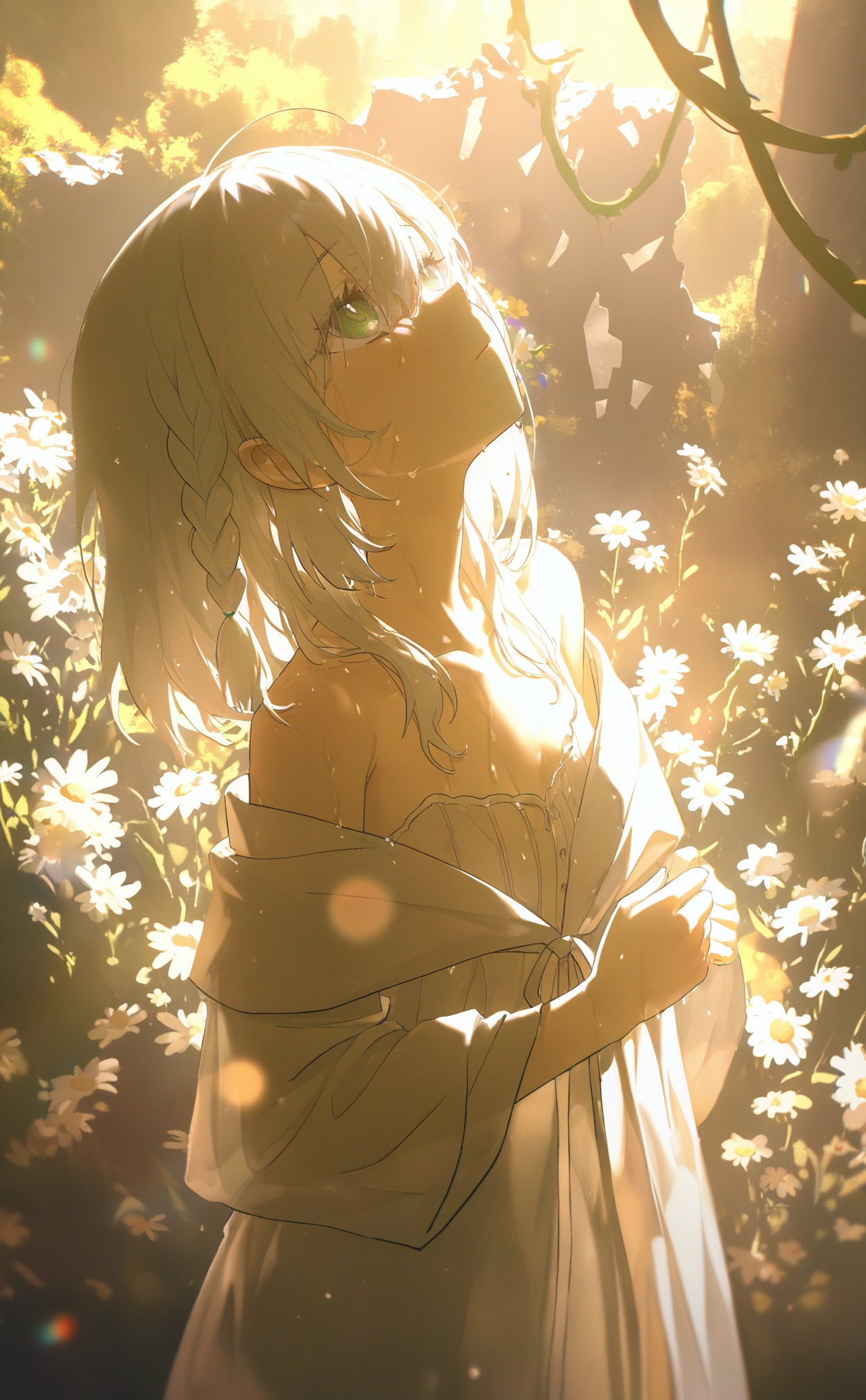 masterpiece,very aware,highres,absurdres,newest,best quality,loli,petite,high quality,chromatic_aberration,//,illustration,ultra detailed,hdr,Depth of field,(colorful),loli,yellow theme,the setting sun,Chamomile,Chamomile,cornflower,vines,forest,ruins,lens flare,hdr,Tyndall effect,damp,wet,1girl,bare shoulders,broken glass,broken wall,white hair,white dress,braid,white robe,closed mouth,looking up,standing,medium hair,standing,solo,//,<lora:konya_karasue——【noob】hans:0.8>,