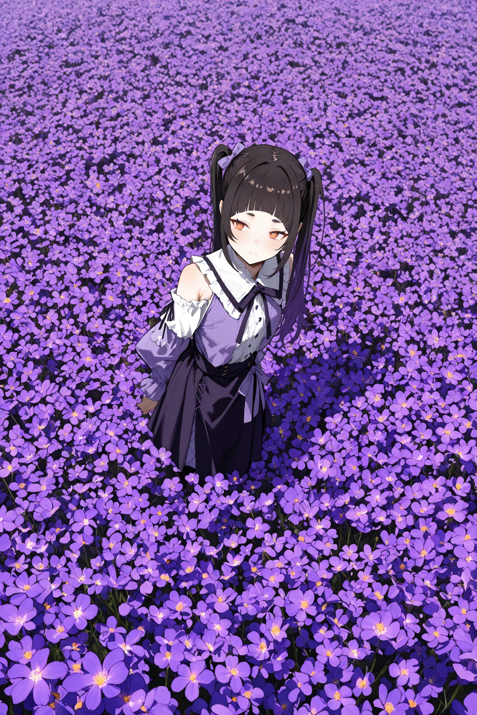 (embedding:IllusP0s:1.3), brat_\(brabrabrat00\), simao (x x36131422):0.5,masterpiece, best quality, newest, absurdres, highres, aesthetic, very aesthetic,  intricate, 1girl, uneven twintails, arched bangs, black hair, orange color eyes, purple theme, outdoors, flower field, upper body, from above, wide shot,