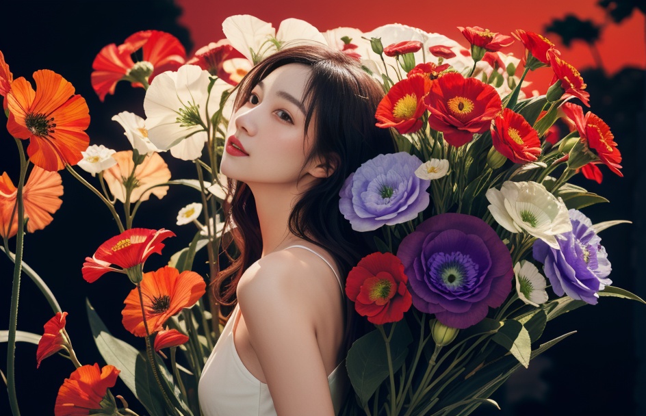 1girl, long hair, flower, Lisianthus, in the style of red and light azure, dreamy and romantic compositions, red, ethereal foliage, playful arrangements, fantasy, high contrast, ink strokes, explosions, over exposure, purple and red tone impression, abstract, whole body capture, , (\meng ze\), Light master