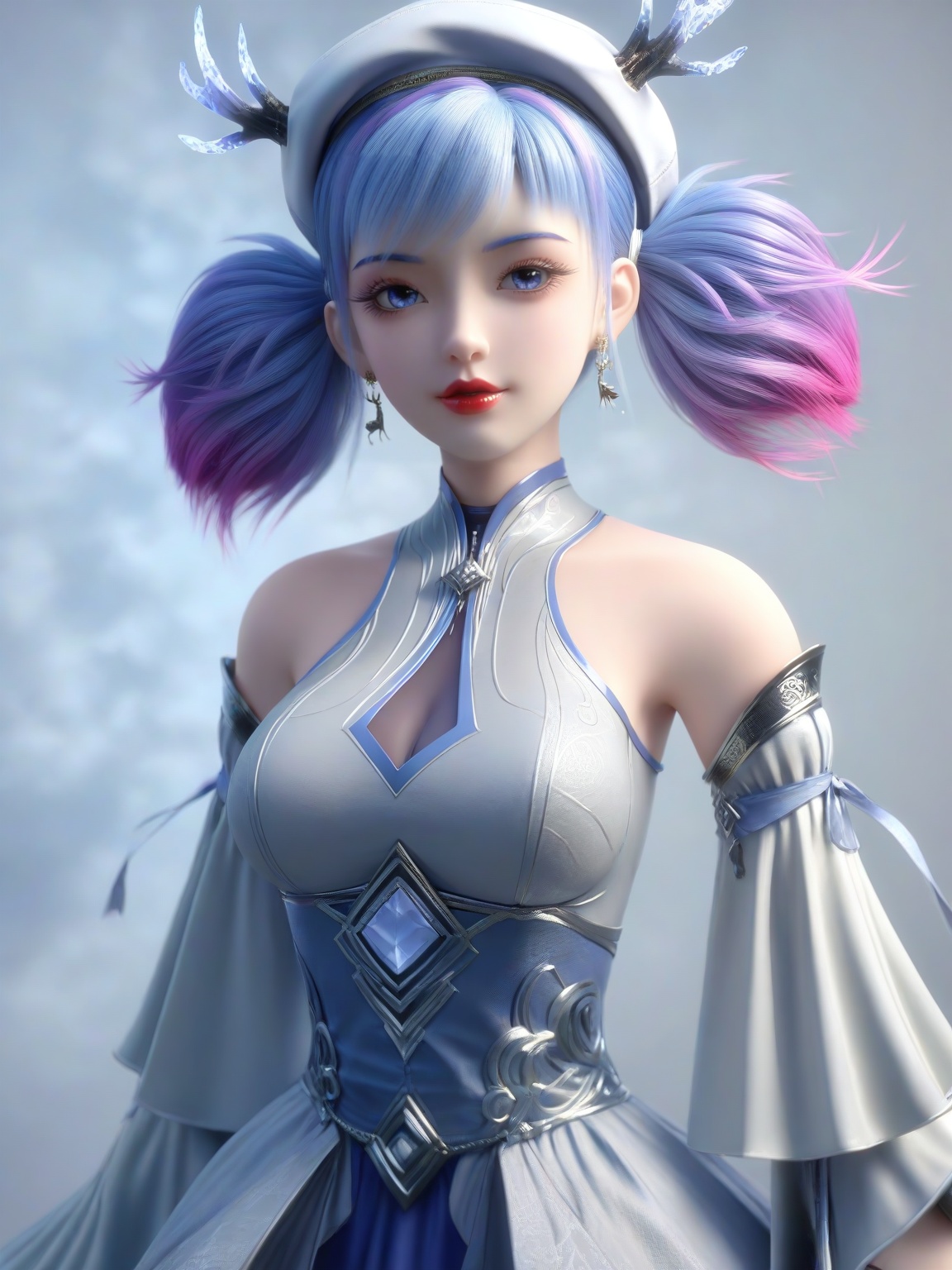 score_9,1girl,breasts,large breasts,standing,solo,eyeshadow,bangs,bare shoulders,beret,detached sleeves,dress,earrings,gradient hair,multicolored hair,lipstick,simple background,   looking at viewer,upper body,<lora:SF_XiaoMiLu_Pony_Realism2.3-000003:0.7>,