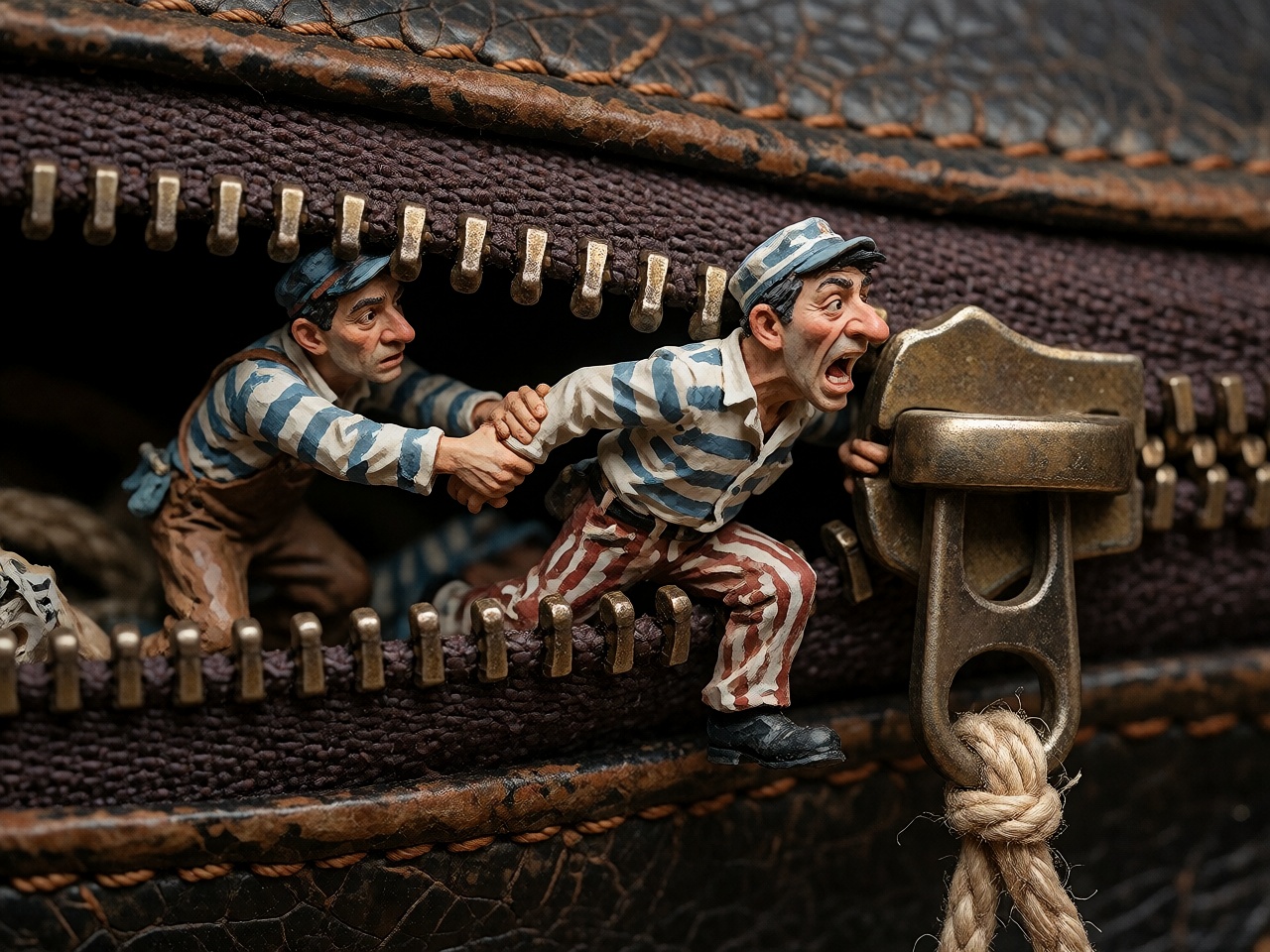A cinematic macro photograph of two tiny hand-painted prisoner figurines escaping through the open metal teeth of an enorm...