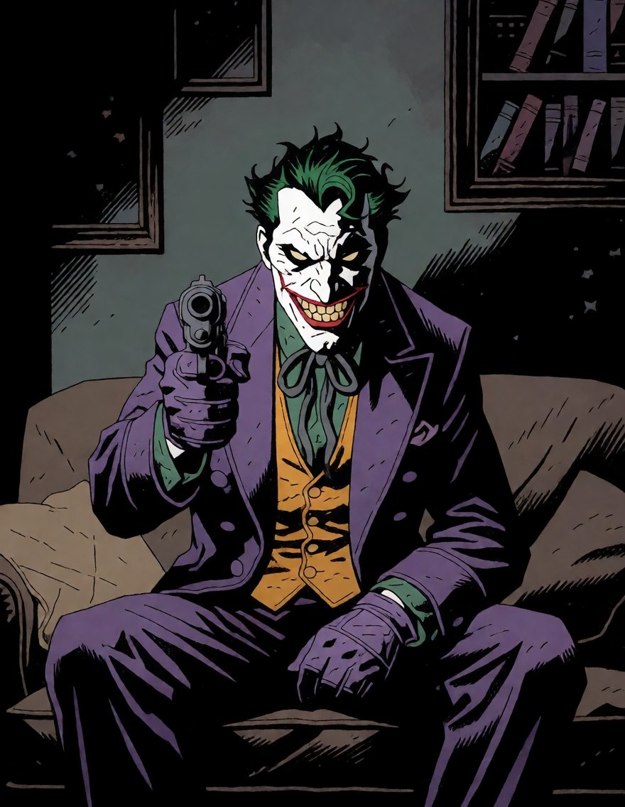 MignolaStyle,  the Joker (Arthur Flint),  sitting on a sofa inside a dark room on Tensor.Art