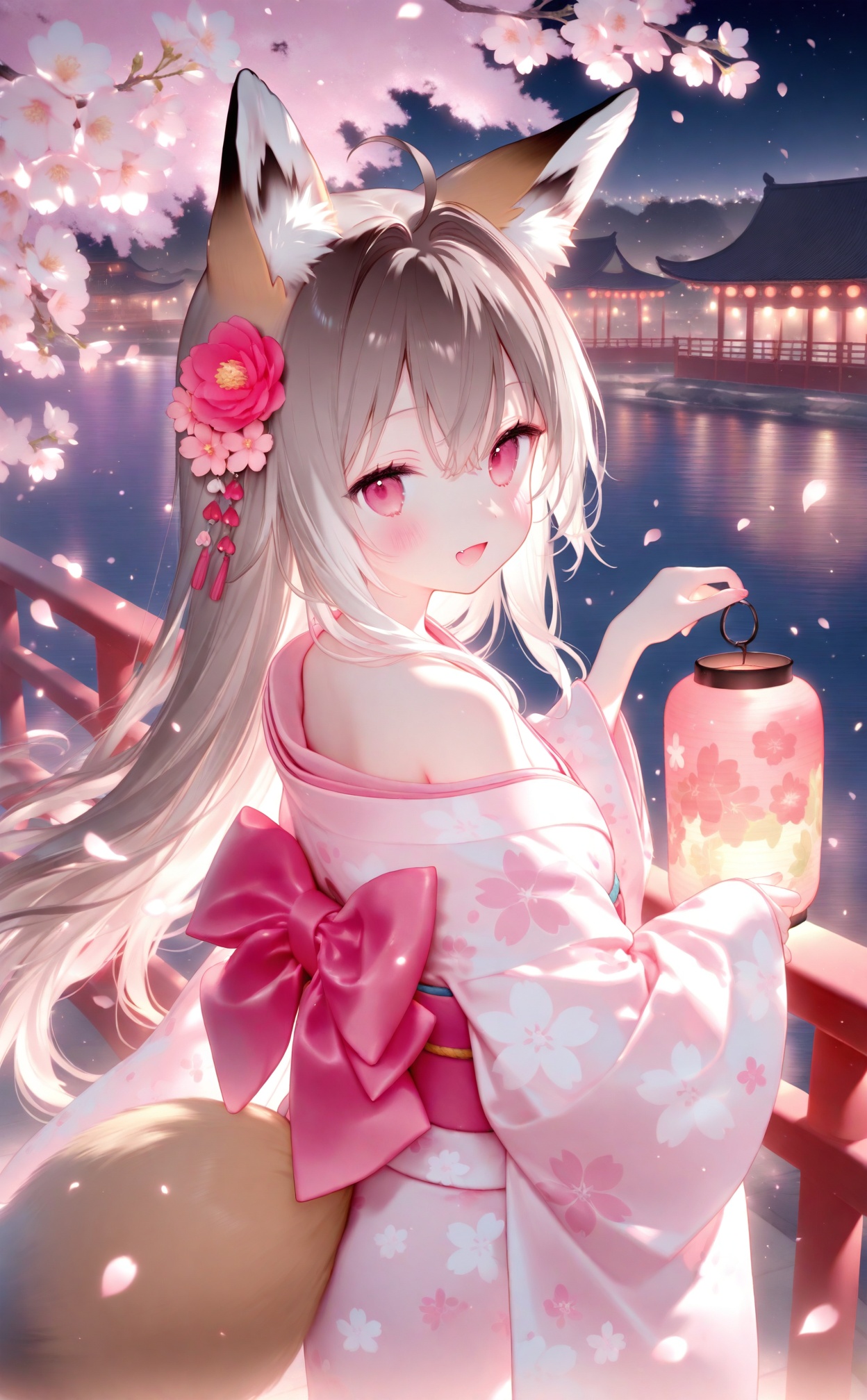 alens, 1girl, lantern, solo, kimono, animal ears, japanese clothes, long hair, flower, looking at viewer, hair ornament, smile, tail, hair flower, pink kimono, petals, pink eyes, ahoge, open mouth, animal ear fluff, fox ears, fox tail, :d, long sleeves, blush, floral print, cherry blossoms, fox girl, night, very long hair, paper lantern, wide sleeves, outdoors, pink flower, water, red flower, print kimono, fang, grey hair, off shoulder, hair intakes, brown hair, looking back, sky, white hair, red eyes, night sky, architecture, obi, sash, virtual youtuber, from side, branch, sleeves past wrists, looking to the side, white kimono, falling petals, east asian architecture, pink theme, from above, star \(sky\), hair between eyes, holding lantern, dated, standing, artist name<lora:Alens zz up-000021:0.8>