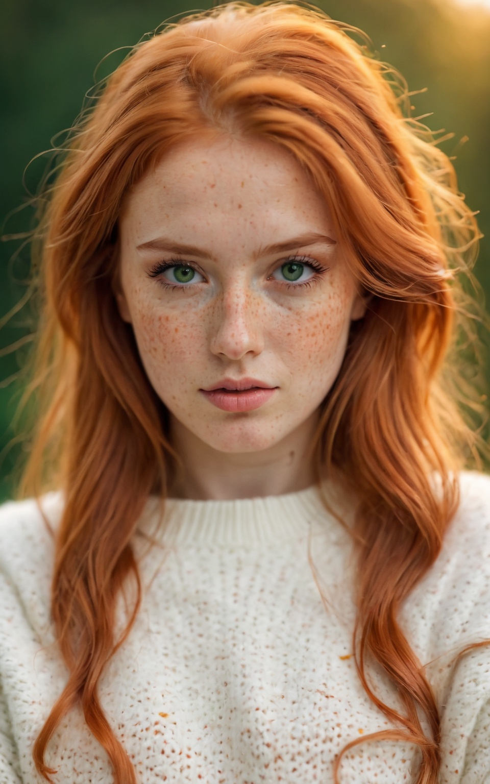 (best quality, 4k, 8k, highres, masterpiece:1.2), ultra-detailed, photorealistic, photography, 1girl, solo, long hair, looking at viewer, green eyes, orange hair, blurry, sweater, lips, eyelashes, blurry background, portrait, freckles, realistic, white sweater<lora:EMS-356664-EMS:1.000000>