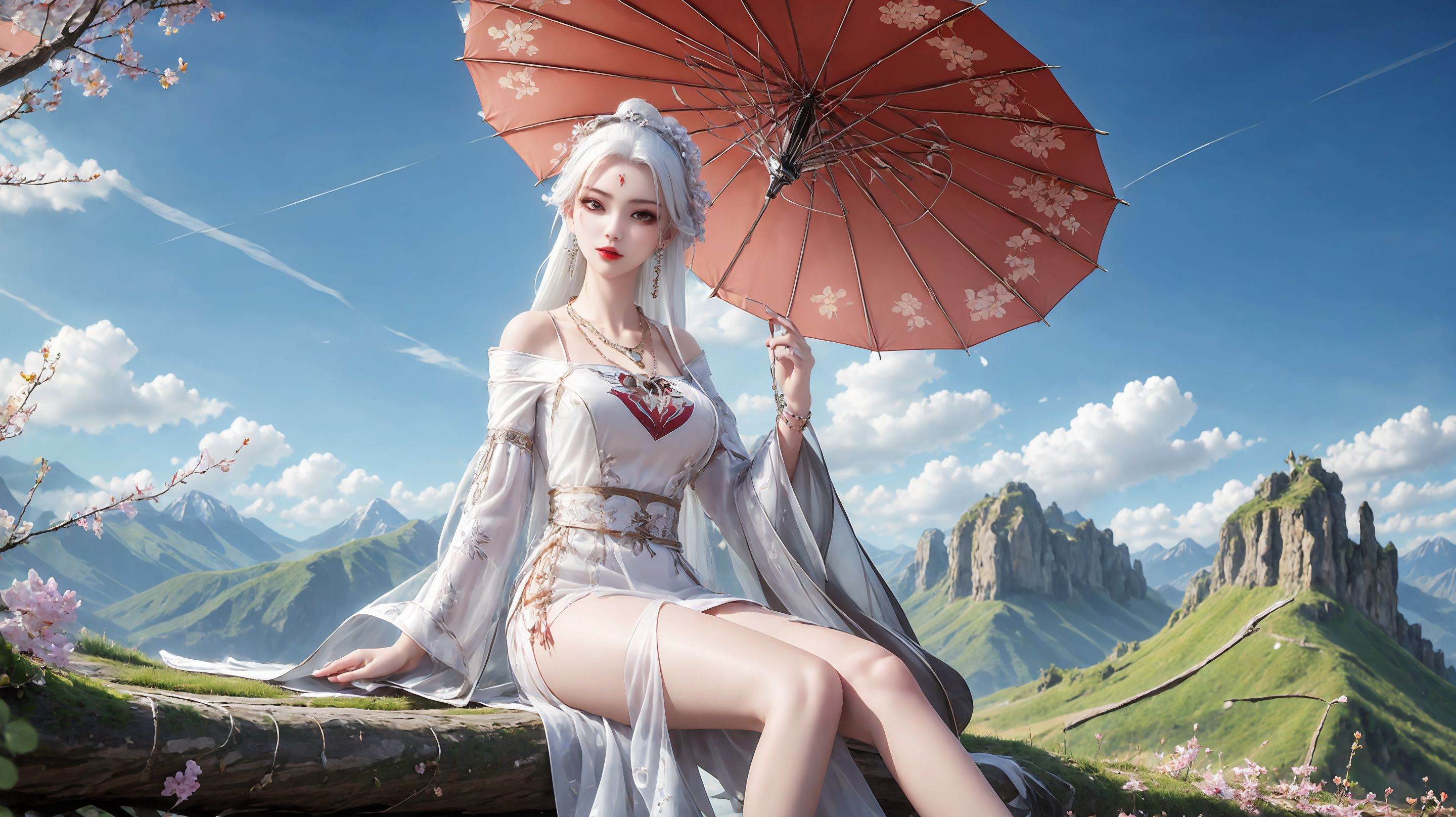1girl,umbrella,solo,dress,white dress,holding umbrella,jewelry,long hair,holding,outdoors,chinese clothes,mountain,earrings,necklace,long sleeves,white hair,<lora:girl miaojiangxiaobai_20240912173536:0.7>,