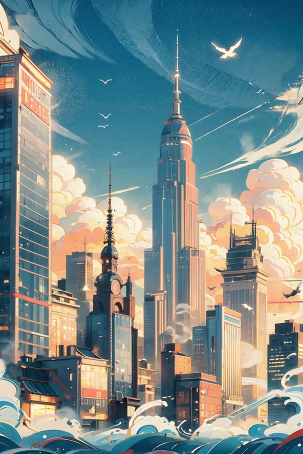 ((masterpiece)), best quality, perfect anatomy,8K wallpaper,mChinaChic, no humans, scenery, cloud, bird, building, waves, sky, sun, smoke, skyscraper, water pattern, city, blue sky, cityscape<lora:mChinaChic_v1:0.8>